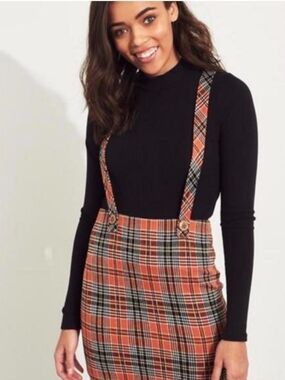 Hollister High-waisted Orange Black Plaid Suspender Skirt Womens Sz L 90s Preppy